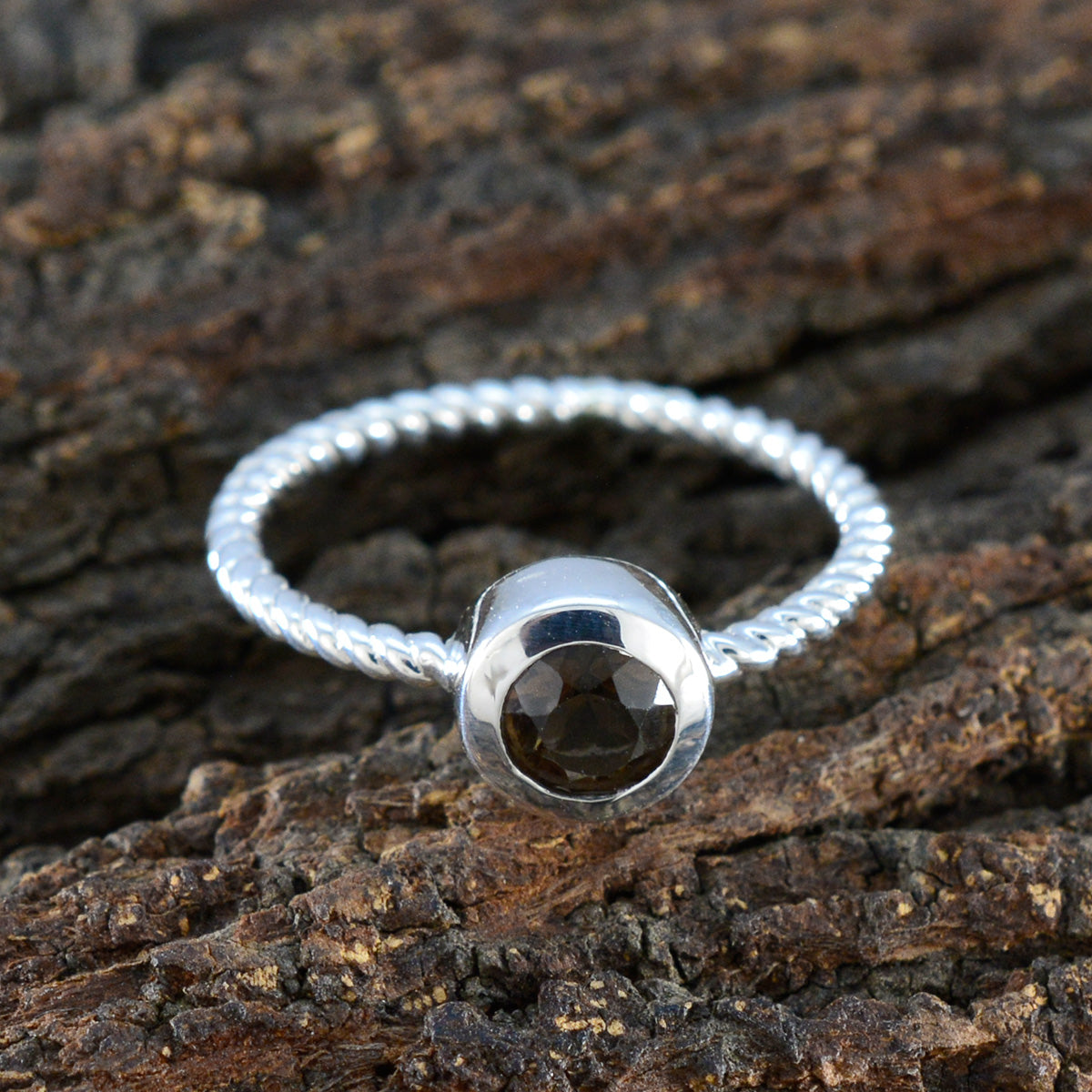 Smoky Quartz Solitaire Korean 925 Sterling Silver Brown Gemstones Delicate Modern Ring Jewellery