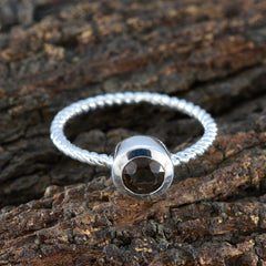 Smoky Quartz Solitaire Korean 925 Sterling Silver Brown Gemstones Delicate Modern Ring Jewellery