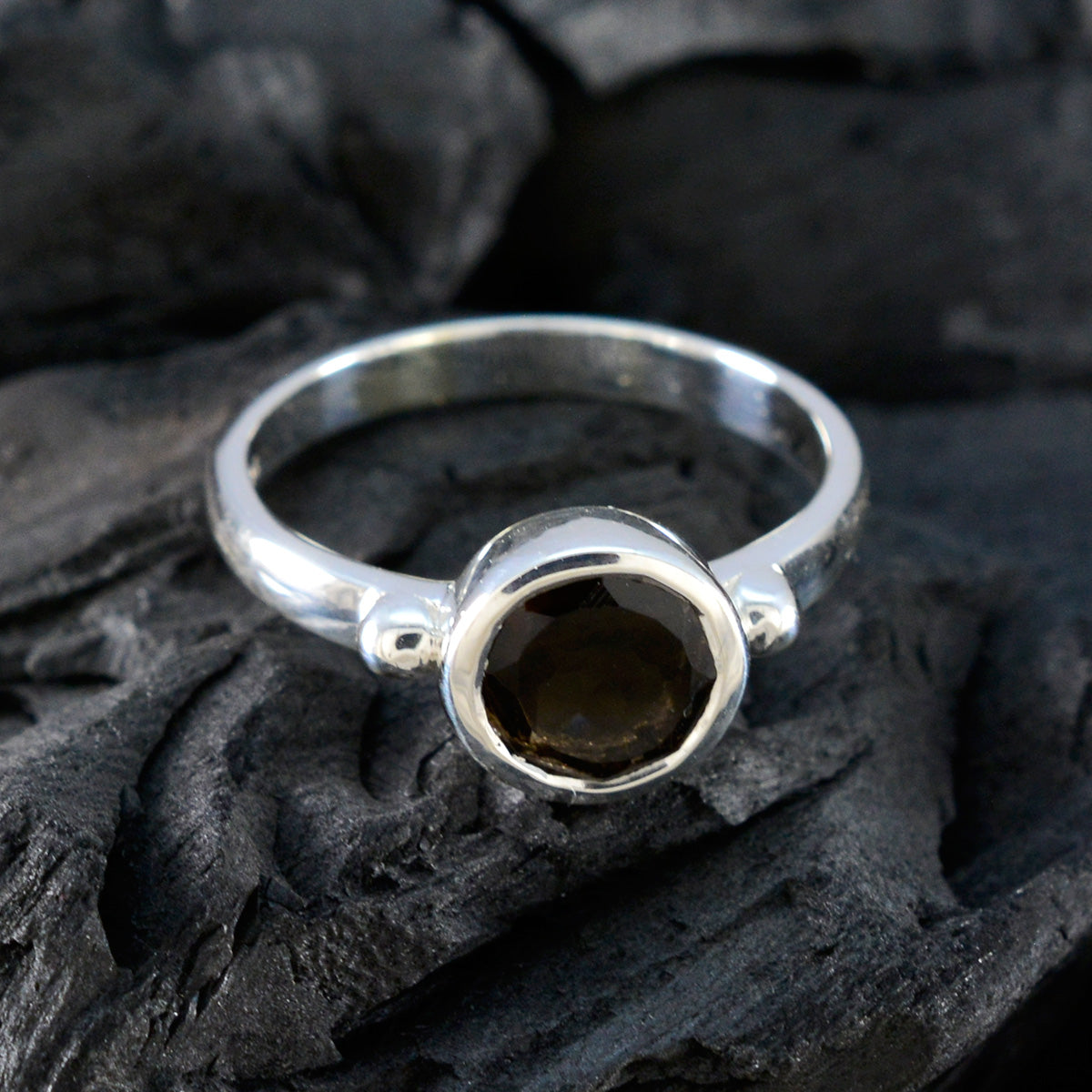 Smoky Quartz Solitaire African 925 Sterling Silver Brown Gemstones Slim Abstract Ring Jewellery