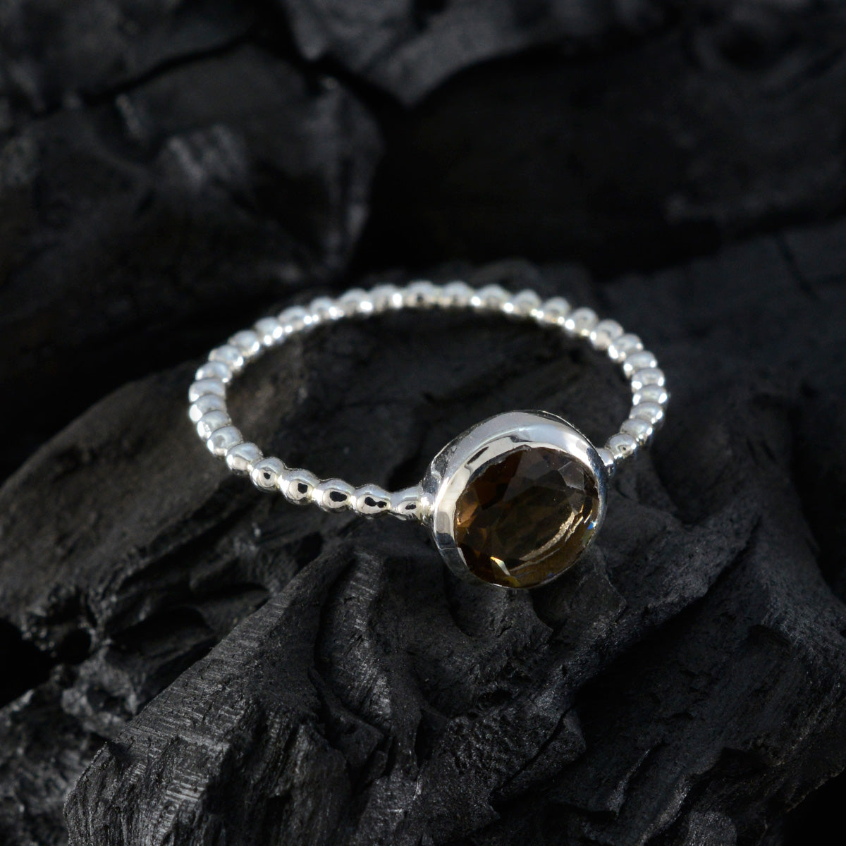 Smoky Quartz Solitaire Turkish 925 Sterling Silver Brown Gemstones Delicate Twist Ring Jewelry