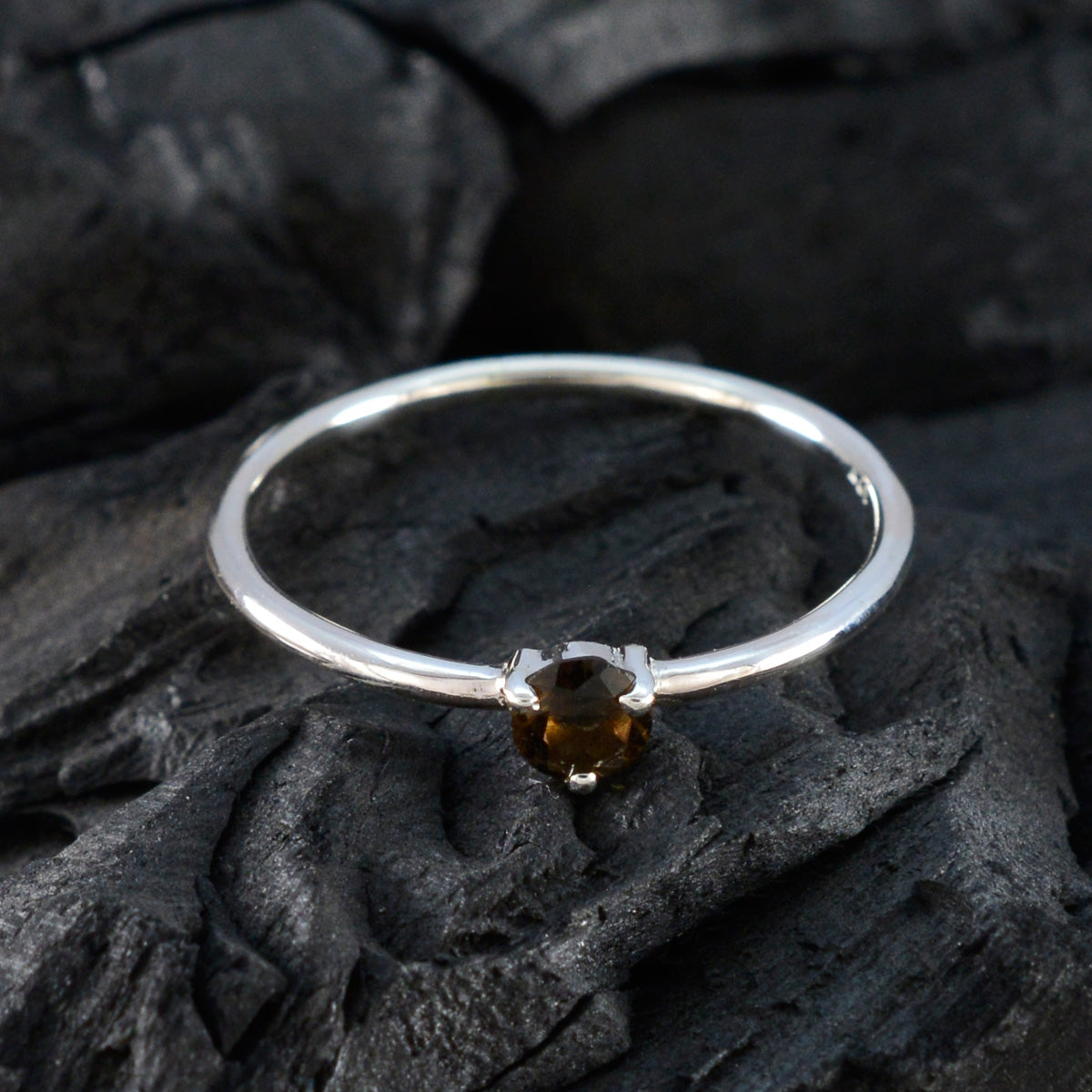 Smoky Quartz Solitaire Turkish Sterling Silver Brown Gemstones Minimalist Trendy Ring Jewelry