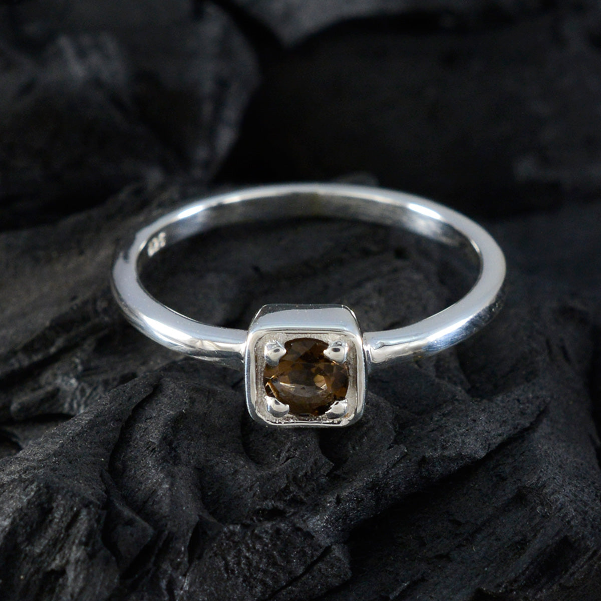 Smoky Quartz Solitaire Turkish Silver Brown Gemstone Delicate Trendy Ring Jewelry
