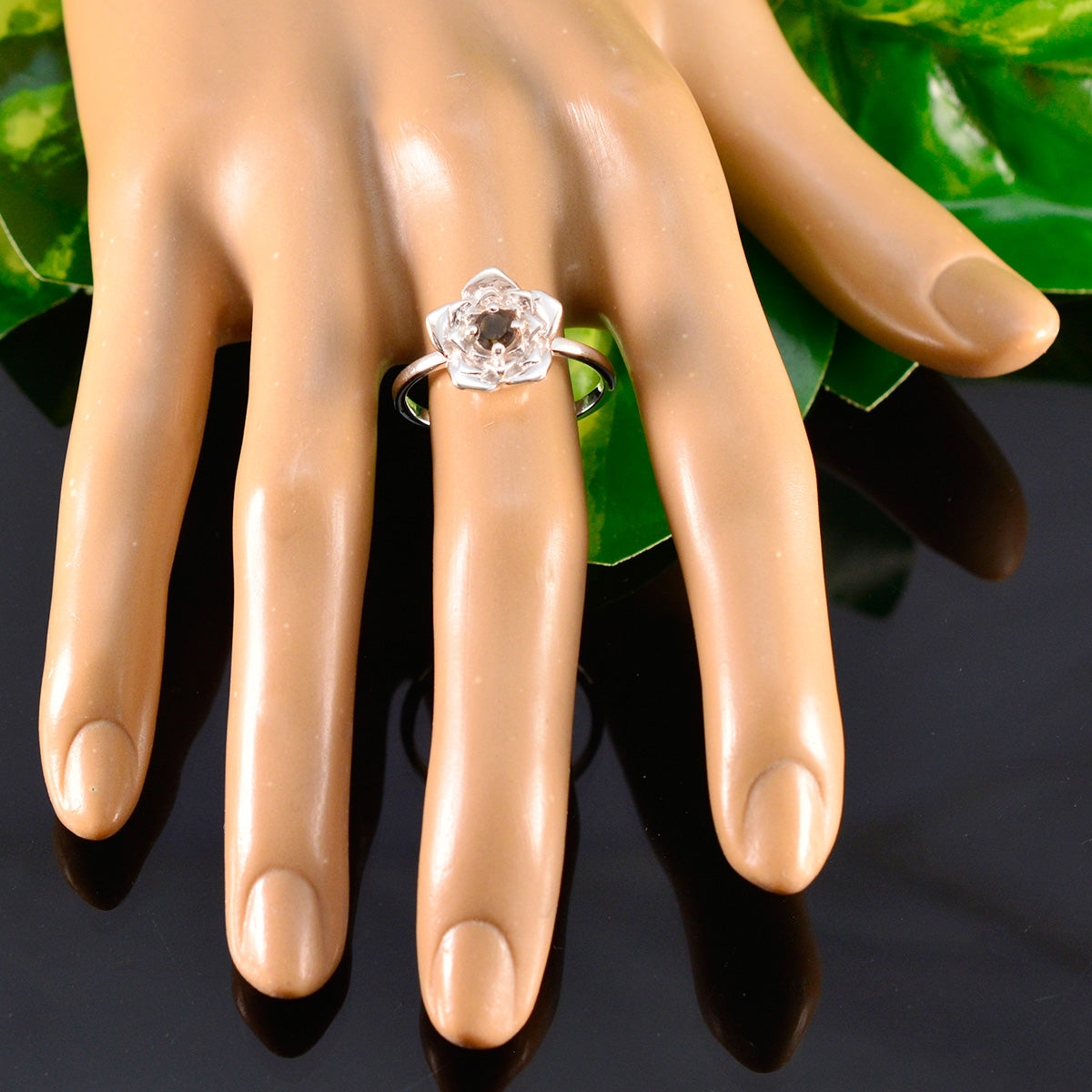 Smoky Quartz Solitaire Indian 92.5 Silver Brown Gemstone Tiny Floral Ring Jewellery