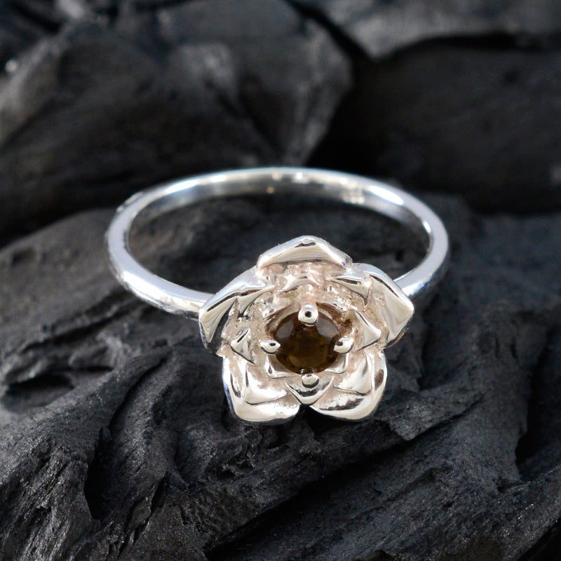 Smoky Quartz Solitaire Indian 92.5 Silver Brown Gemstone Tiny Floral Ring Jewellery