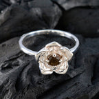 Smoky Quartz Solitaire Indian 92.5 Silver Brown Gemstone Tiny Floral Ring Jewellery
