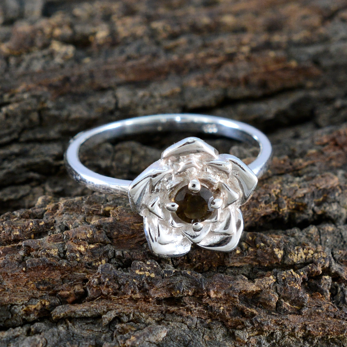 Smoky Quartz Solitaire Indian 92.5 Silver Brown Gemstone Tiny Floral Ring Jewellery