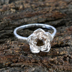 Smoky Quartz Solitaire Indian 92.5 Silver Brown Gemstone Tiny Floral Ring Jewellery