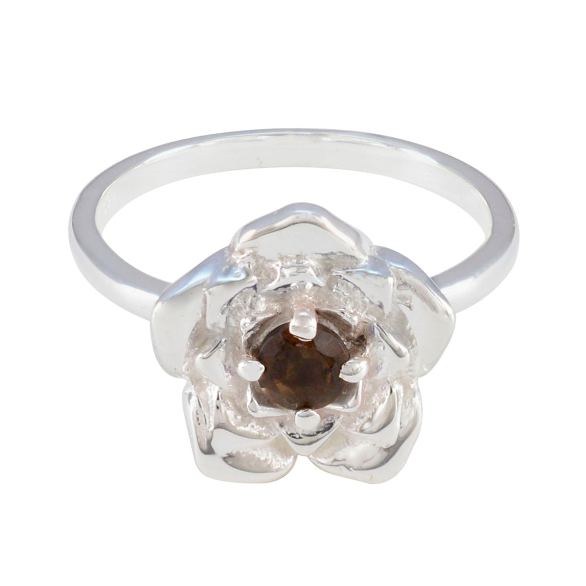 Smoky Quartz Solitaire Indian 92.5 Silver Brown Gemstone Tiny Floral Ring Jewellery