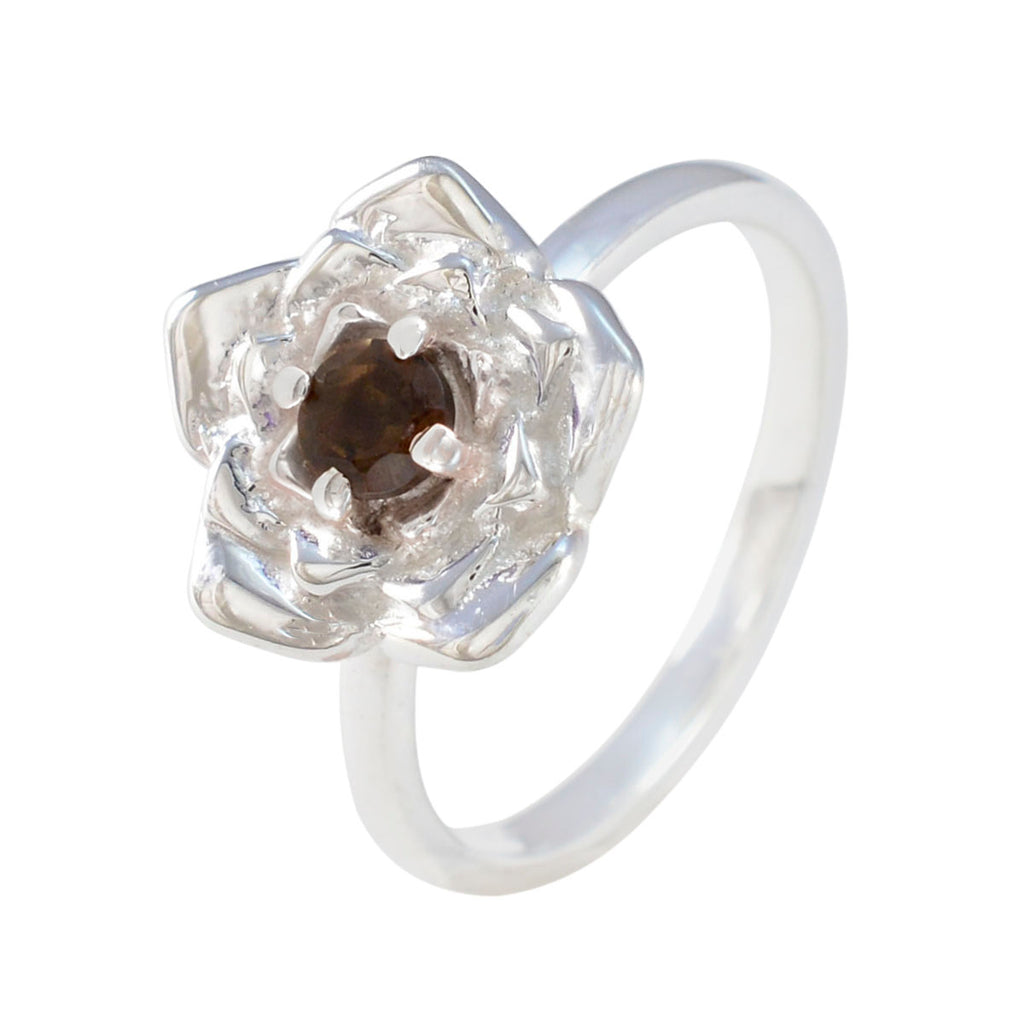 Smoky Quartz Solitaire Indian 92.5 Silver Brown Gemstone Tiny Floral Ring Jewellery
