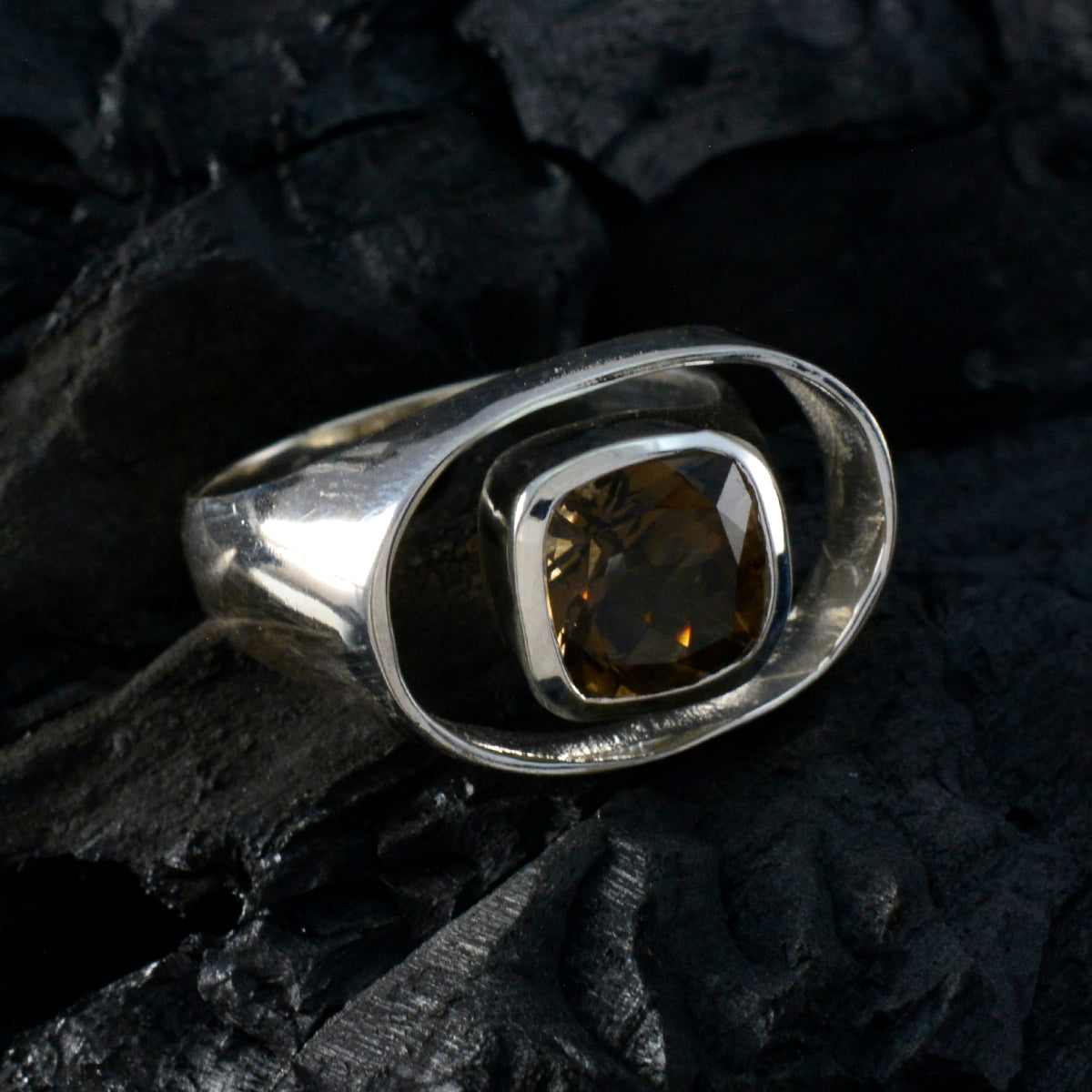 Smoky Quartz Solitaire Russian 925 Sterling Silver Brown Gems Eye catching Abstract Ring Jewelry