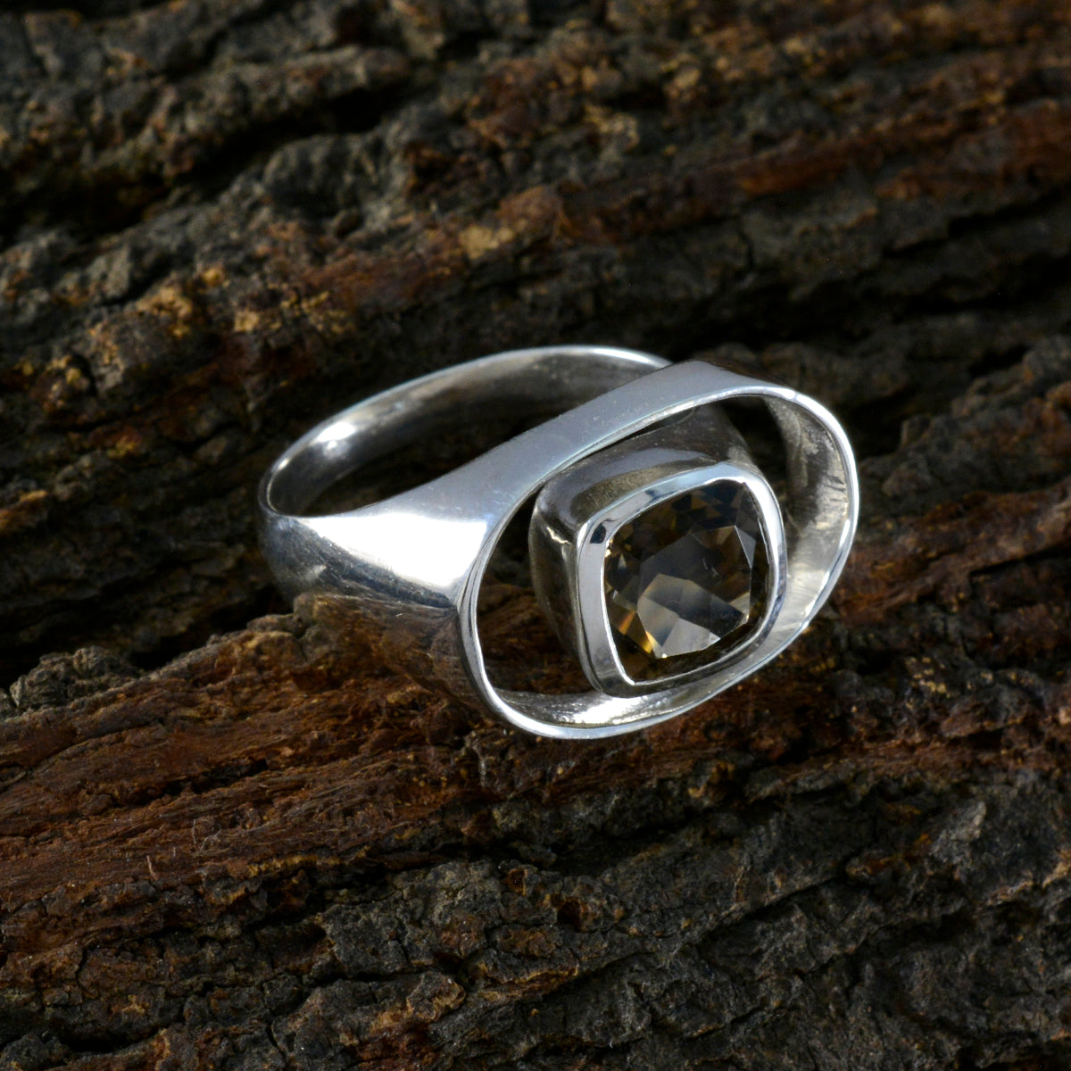 Smoky Quartz Solitaire Russian 925 Sterling Silver Brown Gems Eye catching Abstract Ring Jewelry