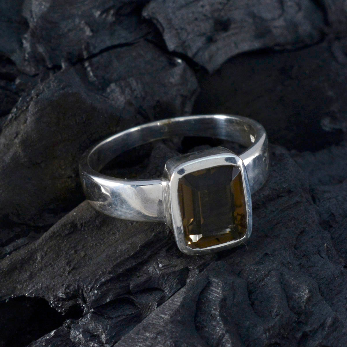 Smoky Quartz Solitaire Russian Silver Brown Gemstone Slim Contemporary Ring Jewelry