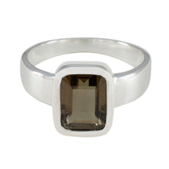 Smoky Quartz Solitaire Russian Silver Brown Gemstone Slim Contemporary Ring Jewelry