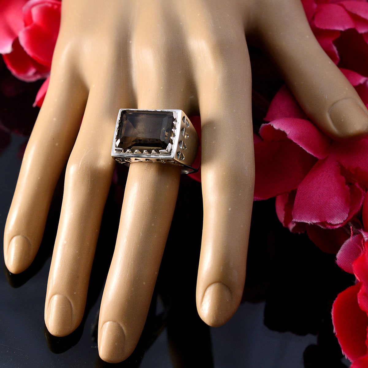 smoky quartz Solitaire German 925 Sterling Silver Brown Gemstones Chunky Traditional Ring Jewellery