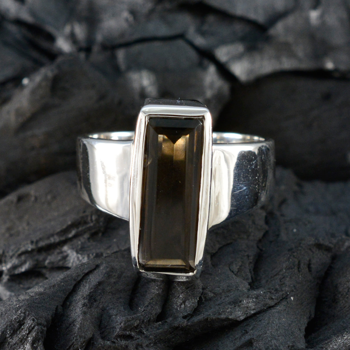 Smoky Quartz Solitaire Egyptian 925 Sterling Silver Brown Gemstones Eye catching Trendy Ring Jewellery