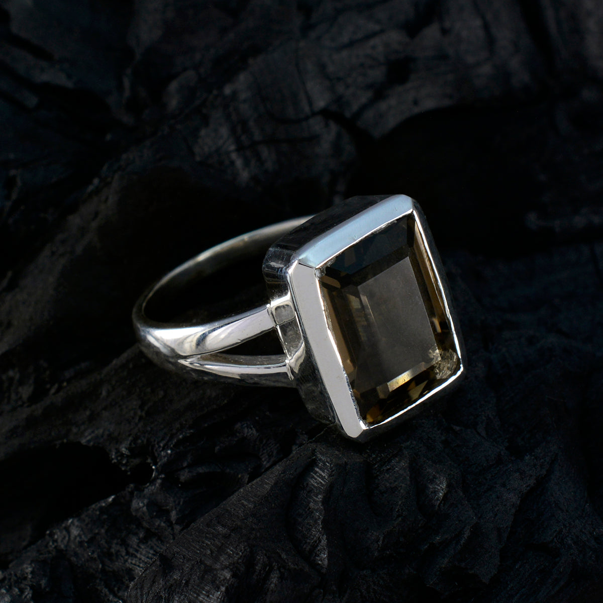 Smoky Quartz Solitaire Italian 92.5 Silver Brown Gemstones Edgy Modern Ring Jewelry