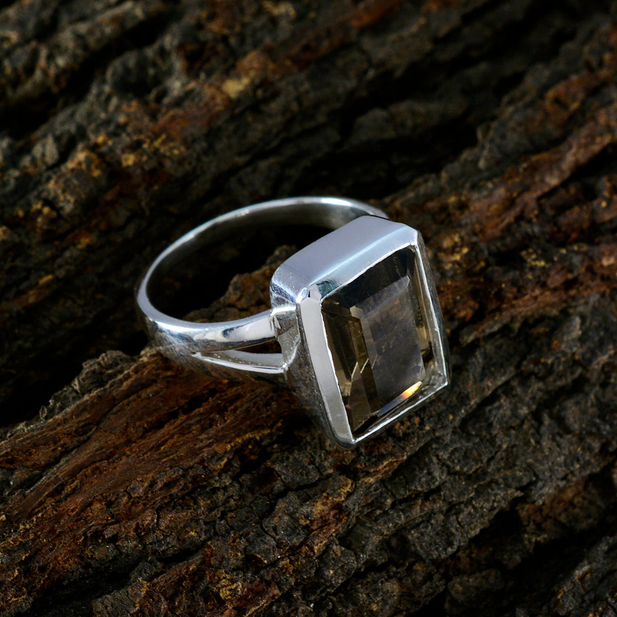 Smoky Quartz Solitaire Italian 92.5 Silver Brown Gemstones Edgy Modern Ring Jewelry