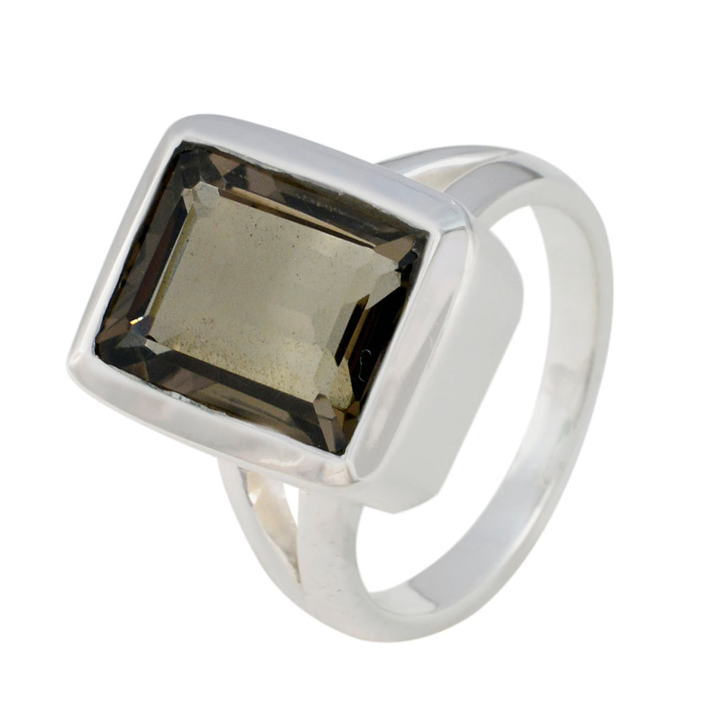 Smoky Quartz Solitaire Italian 92.5 Silver Brown Gemstones Edgy Modern Ring Jewelry