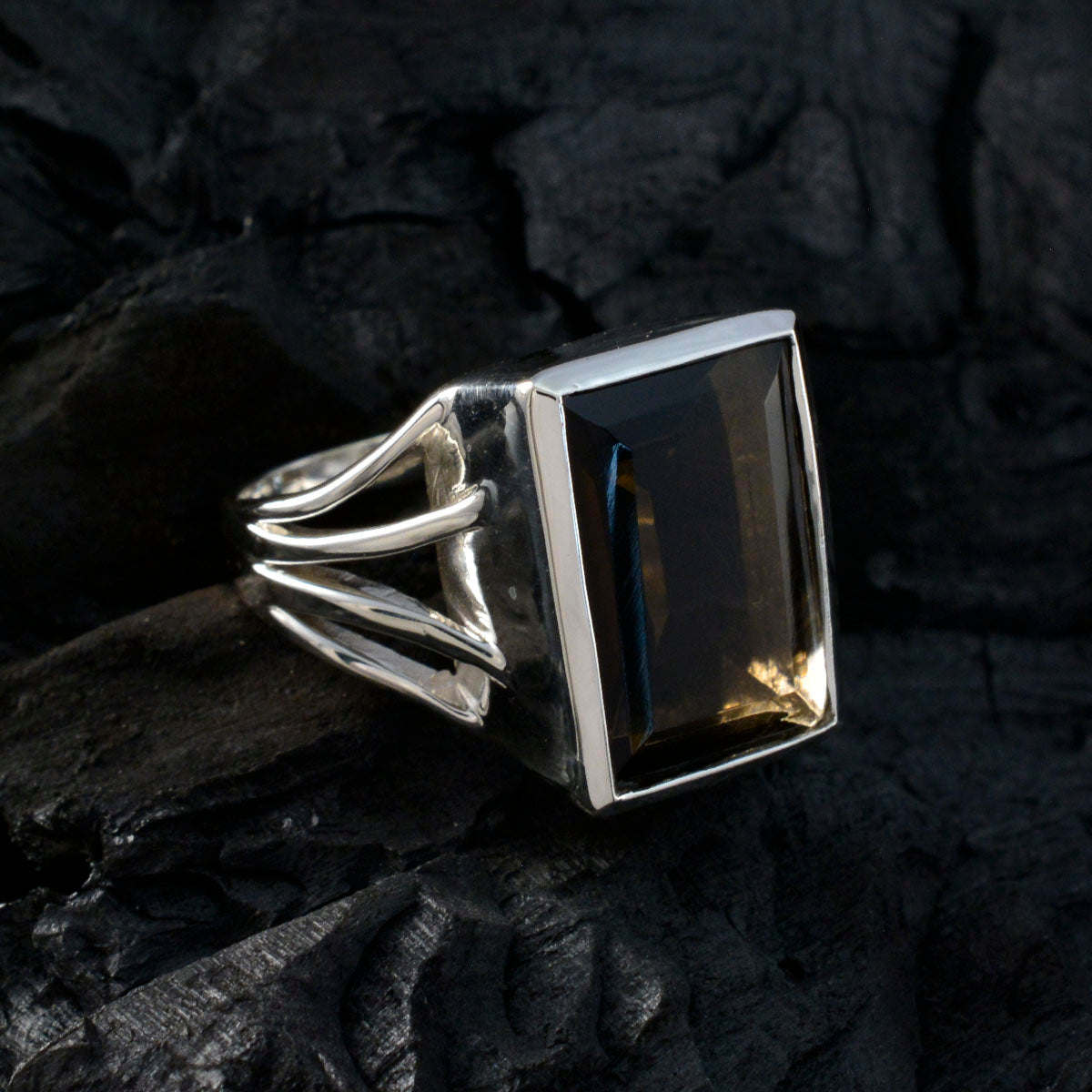 Smoky Quartz Solitaire Italian Silver Brown Gems Edgy Trendy Ring Jewellery