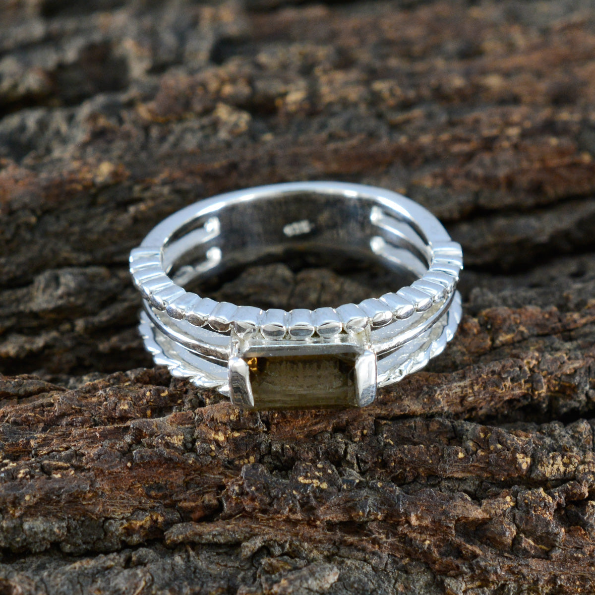 Smoky Quartz Solitaire Egyptian Sterling Silver Brown Gemstone Minimal Sophisticated Ring Jewelry