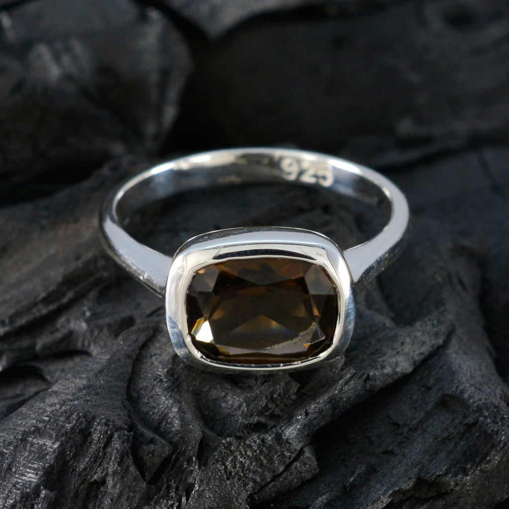 Smoky Quartz Solitaire German 925 Silver Brown Gemstone Slim Modern Ring Jewelry