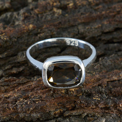 Smoky Quartz Solitaire German 925 Silver Brown Gemstone Slim Modern Ring Jewelry