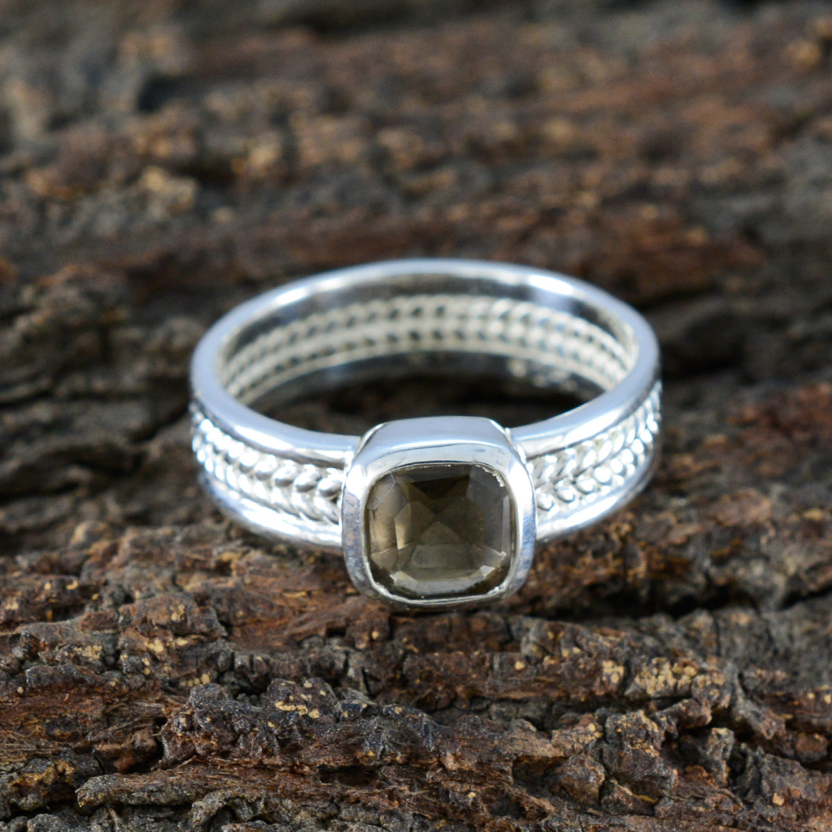 Smoky Quartz Solitaire Latin American 925 Sterling Silver Brown Gemstone Mid weight Rope Wire Band Jewelry