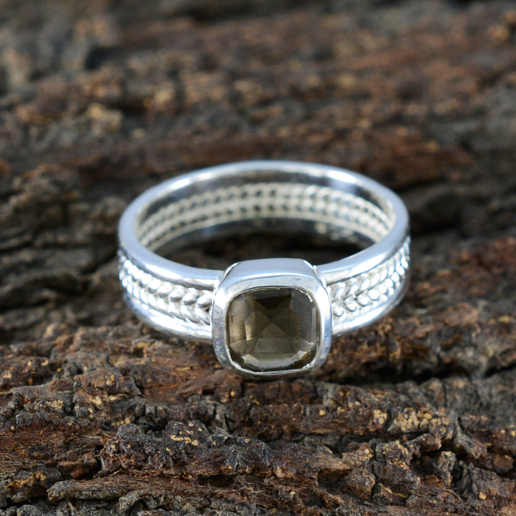 Smoky Quartz Solitaire Latin American 925 Sterling Silver Brown Gemstone Mid weight Rope Wire Band Jewelry