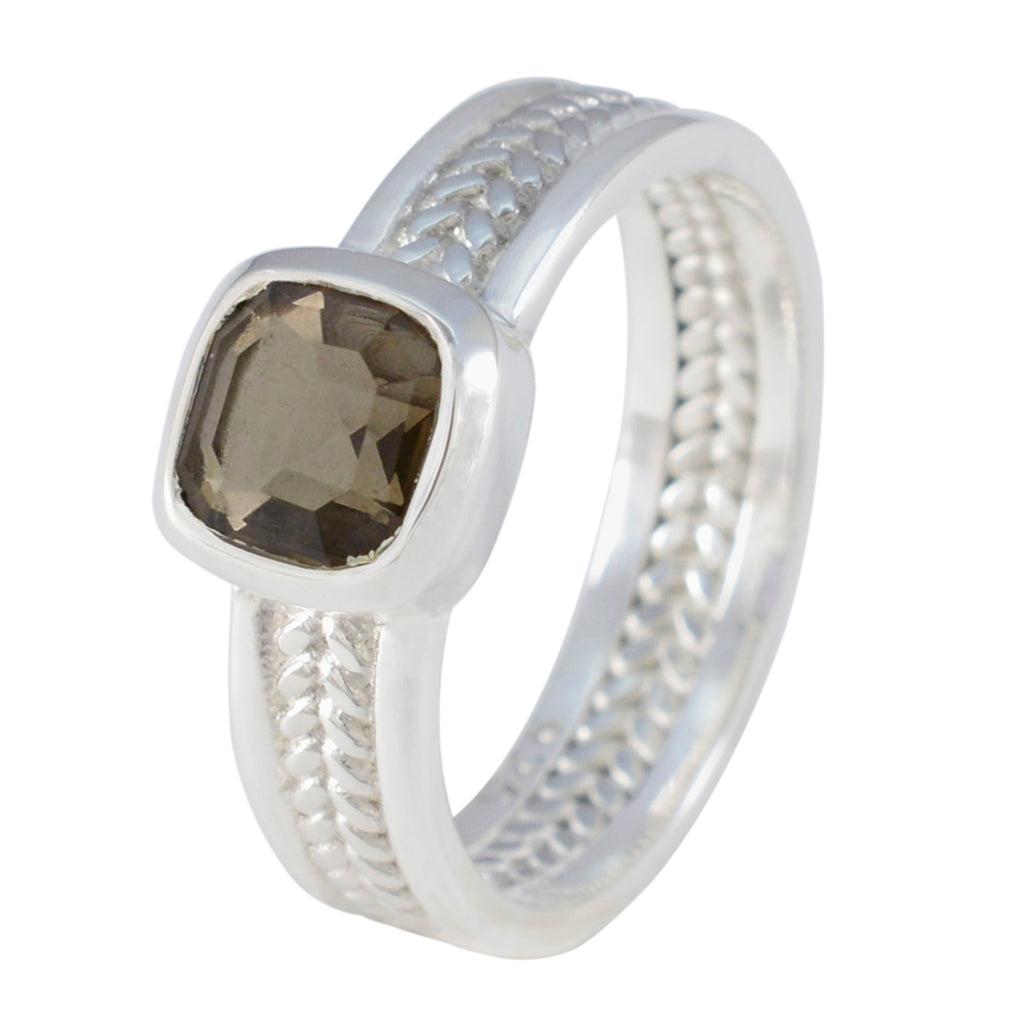 Smoky Quartz Solitaire Latin American 925 Sterling Silver Brown Gemstone Mid weight Rope Wire Band Jewelry