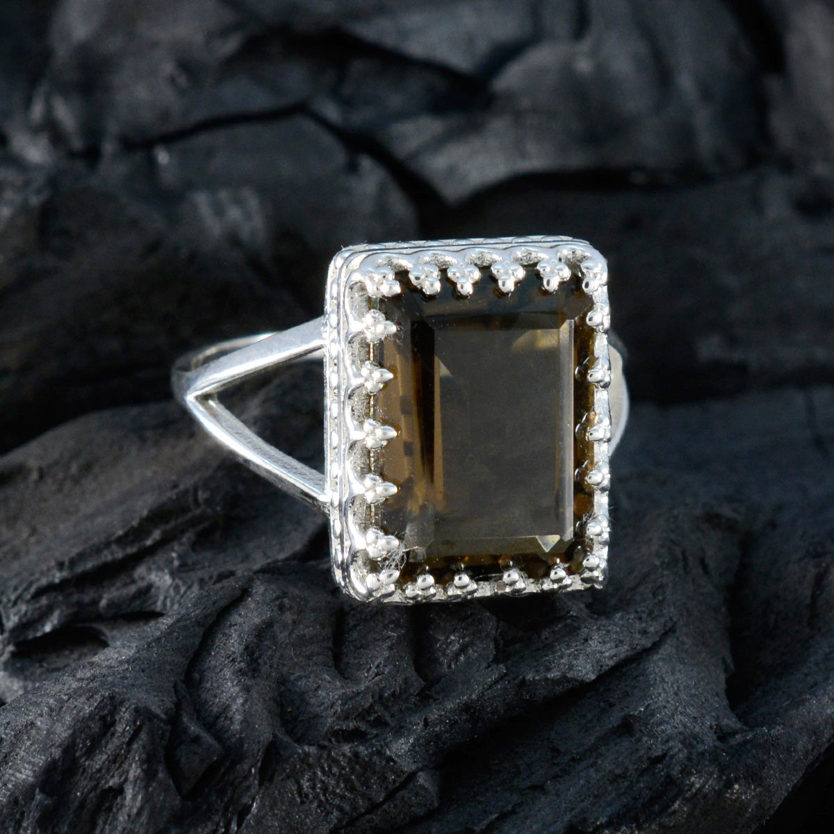 Smoky Quartz Solitaire African Silver Brown Gemstone Classic Modern Ring Jewelry