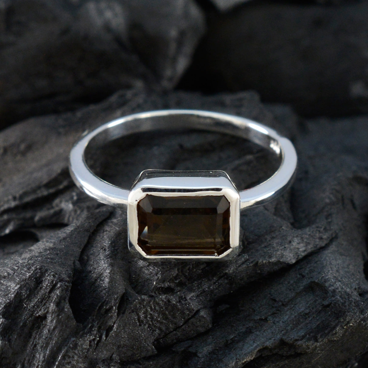 Smoky Quartz Solitaire Korean 925 Silver Brown Gemstone Dainty Romantic Ring Jewelry