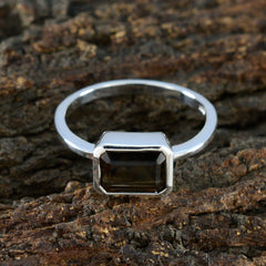 Smoky Quartz Solitaire Korean 925 Silver Brown Gemstone Dainty Romantic Ring Jewelry