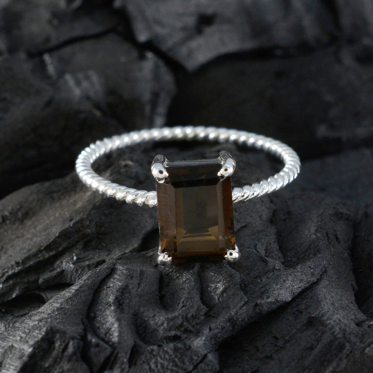 Smoky Quartz Solitaire Turkish 925 Silver Brown Gemstones Delicate Twist Ring Jewellery