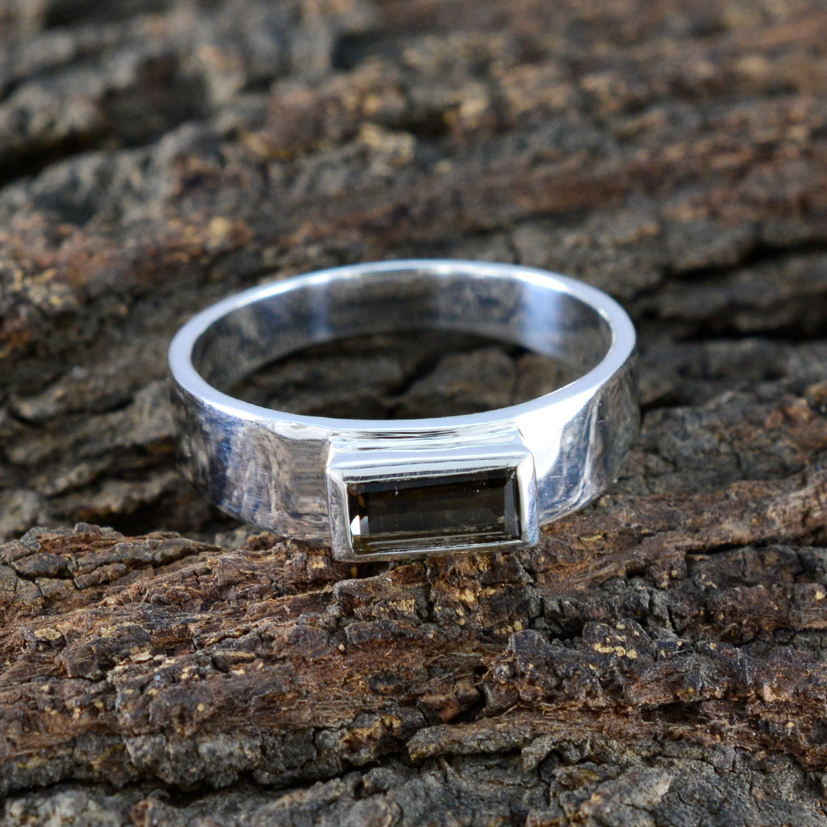 Smoky Quartz Solitaire French 925 Sterling Silver Brown Gemstones Slim Feminine Ring Jewellery