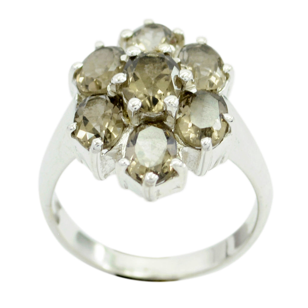smoky quartz Hepta Russian Silver Brown Gems Mid weight Floral Ring Jewellery