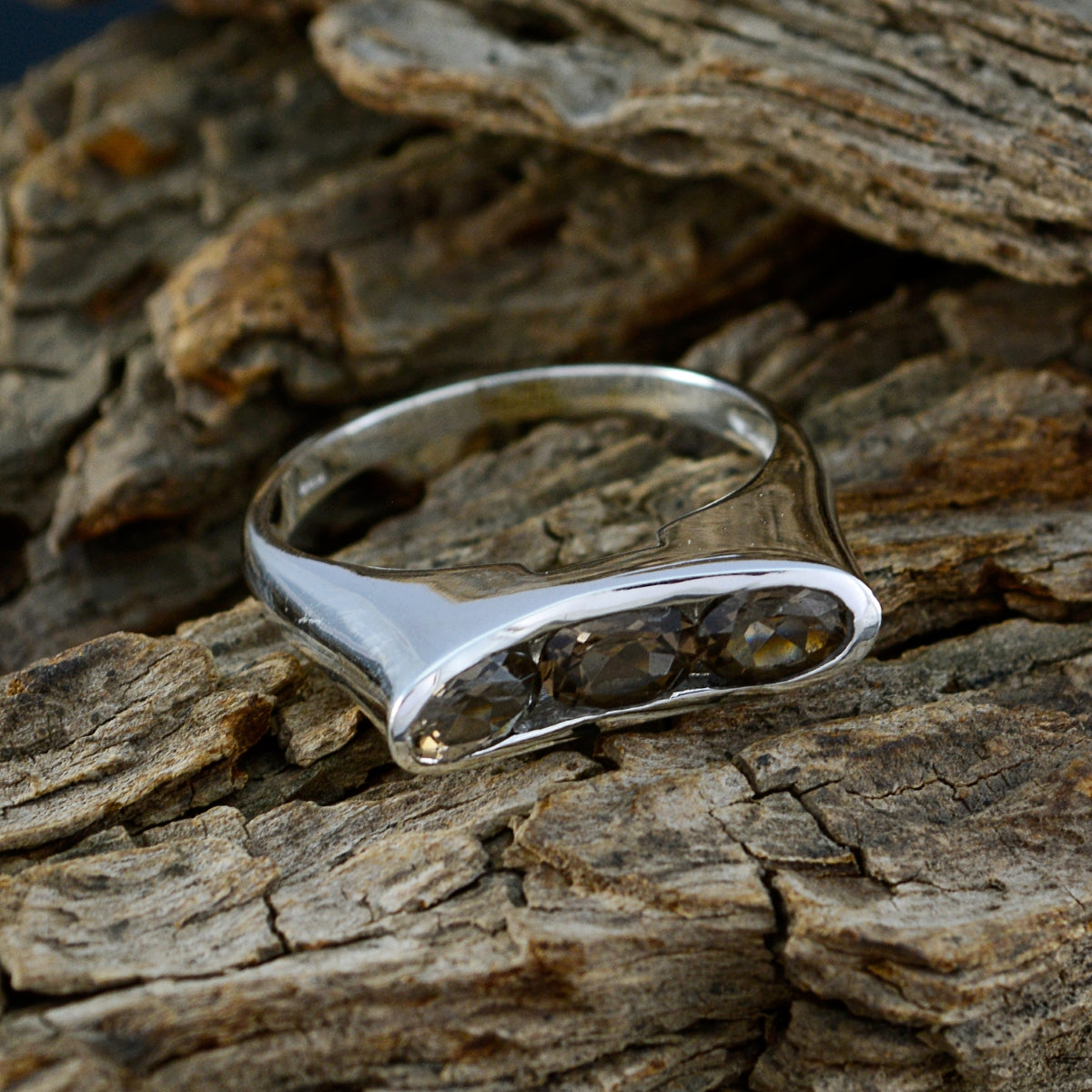 smoky quartz Trilogy Moroccan Sterling Silver Brown Gemstones Slim Feminine Ring Jewelry