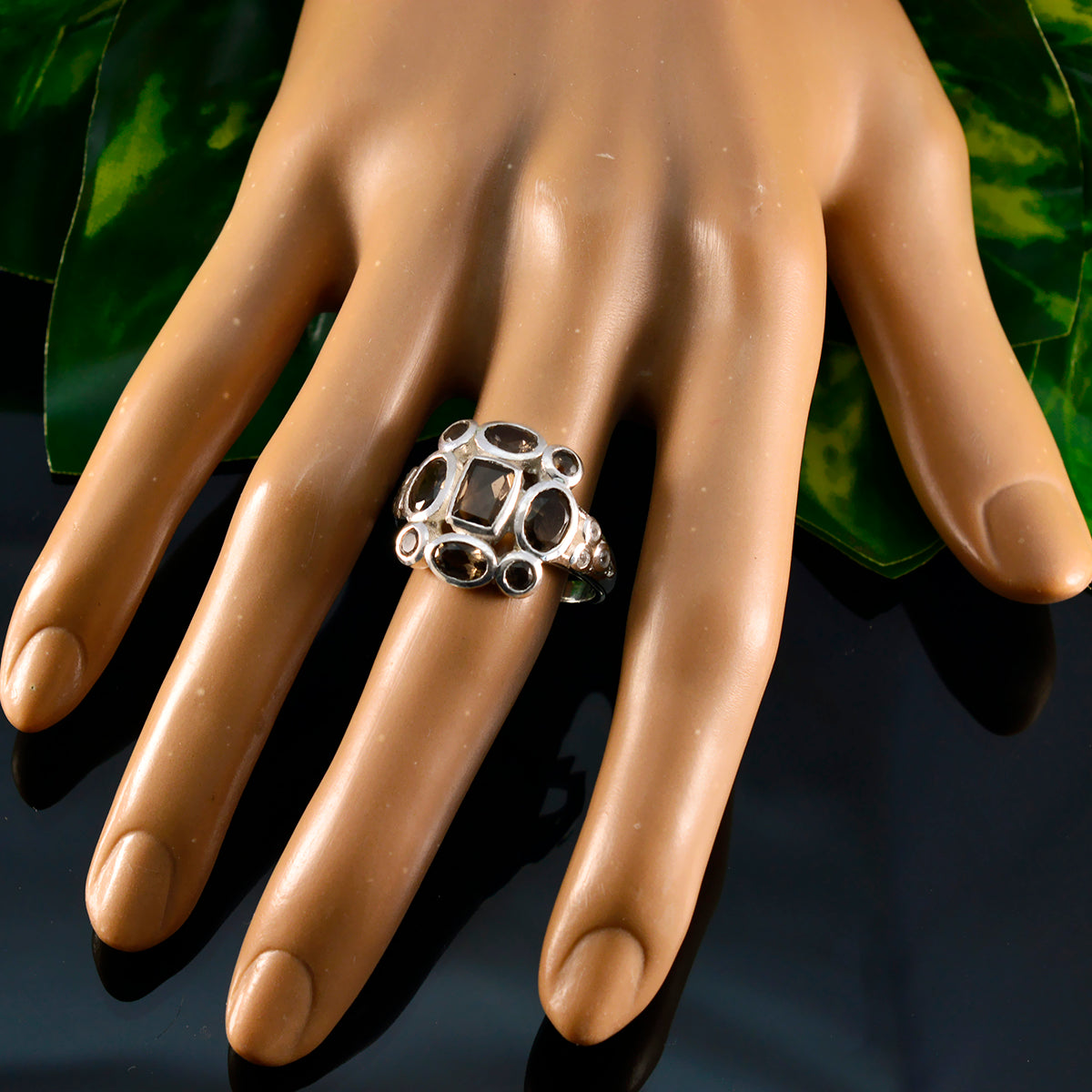 Smoky Quartz Navratna Russian 92.5 Silver Brown Gemstone Classic Signet Ring Jewelry