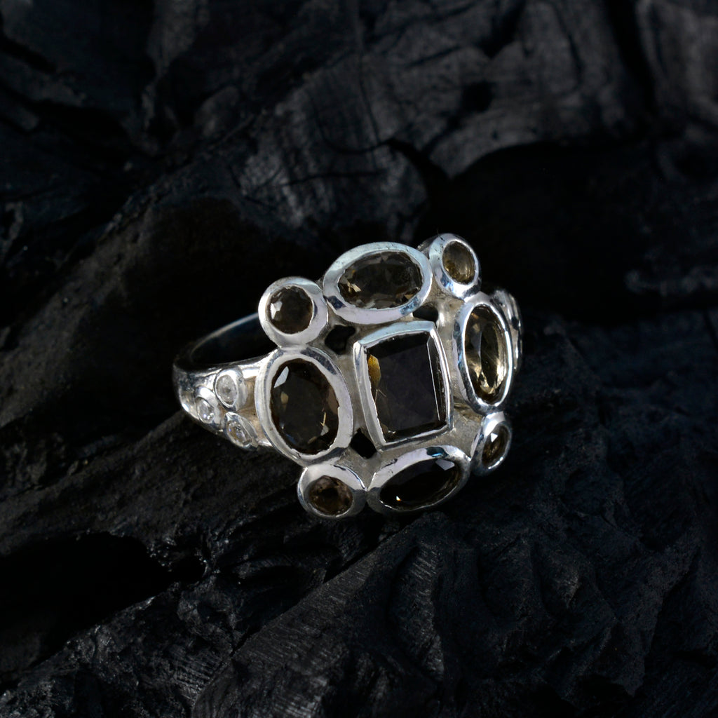 Smoky Quartz Navratna Russian 92.5 Silver Brown Gemstone Classic Signet Ring Jewelry