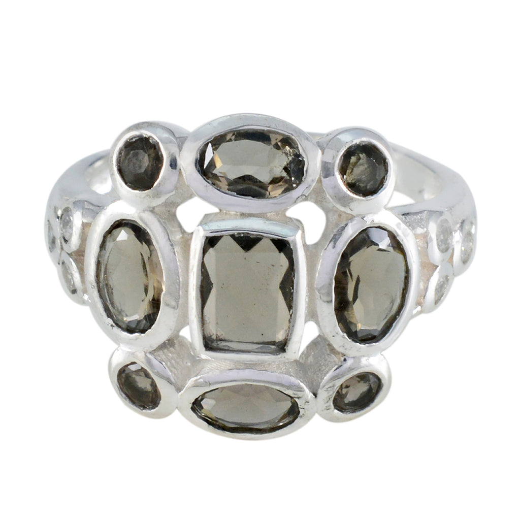 Smoky Quartz Navratna Russian 92.5 Silver Brown Gemstone Classic Signet Ring Jewelry
