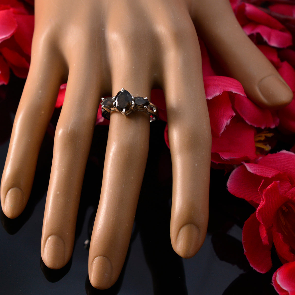 smoky quartz Trilogy Korean 925 Silver Brown Gemstone Whisper thin Glamorous Ring Jewelry