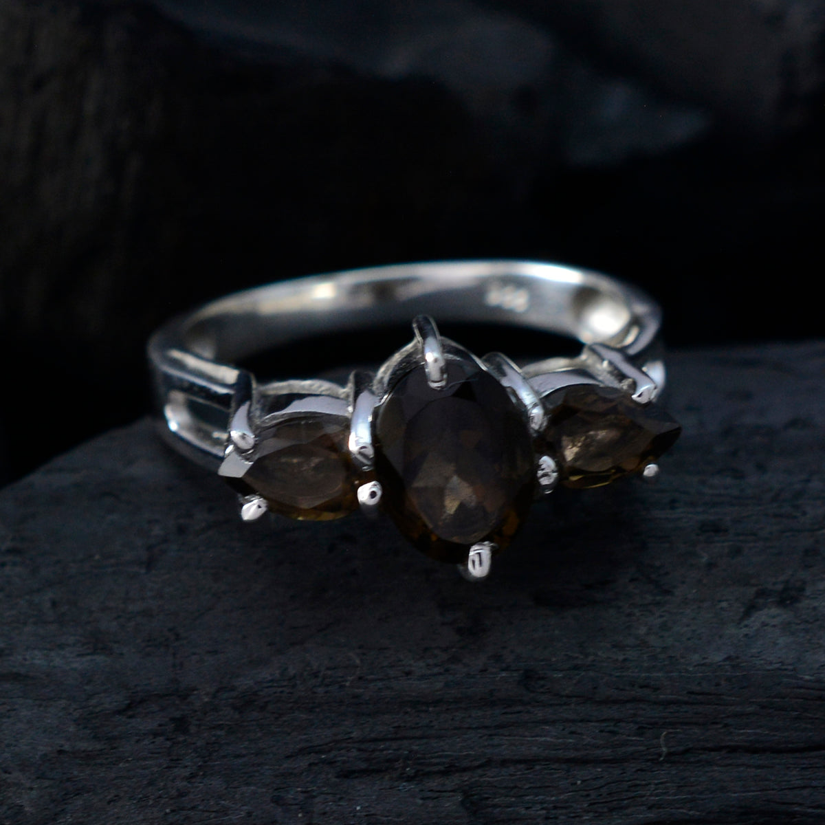 smoky quartz Trilogy Korean 925 Silver Brown Gemstone Whisper thin Glamorous Ring Jewelry
