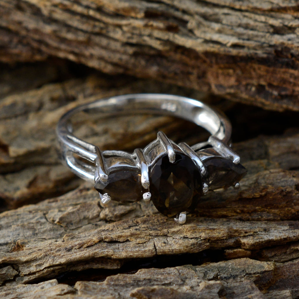 smoky quartz Trilogy Korean 925 Silver Brown Gemstone Whisper thin Glamorous Ring Jewelry