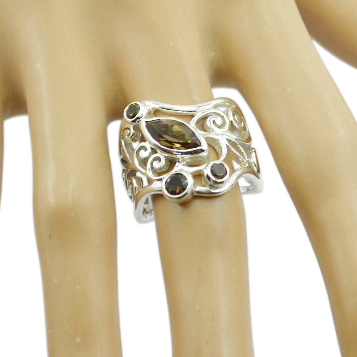 Quarzo fumé in argento sterling italiano con gemme marroni, anello essenziale in filigrana Immagine secondaria del prodotto