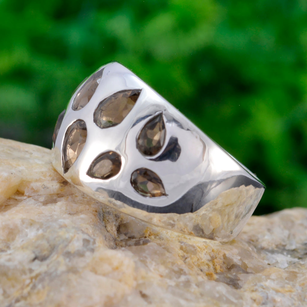 smoky quartz Navratna Spanish Silver Brown Gems Edgy Trendy Ring Jewelry