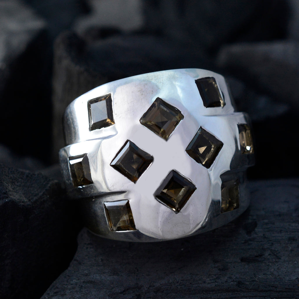 smoky quartz multiple French 925 Silver Brown Gemstones Chunky Traditional Ring Jewellery