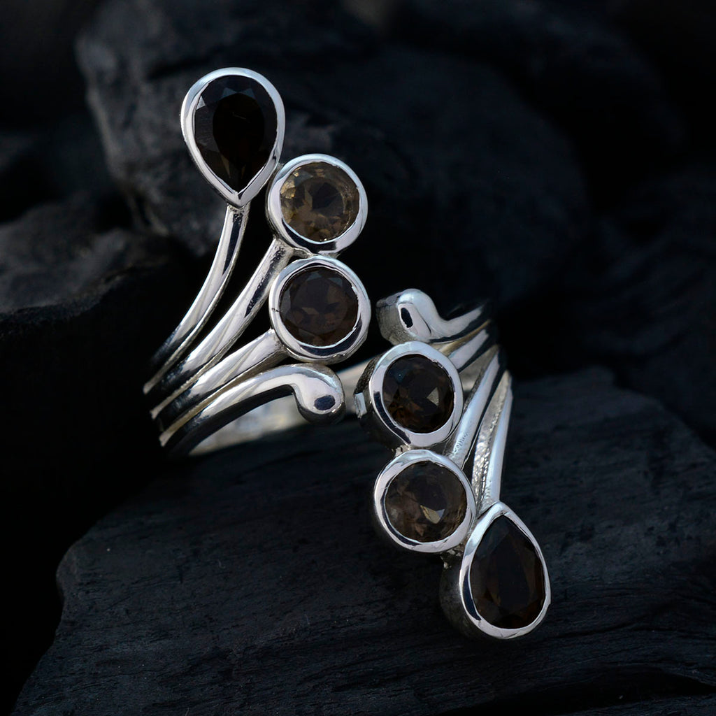 Smoky Quartz Hexa African 925 Silver Brown Gemstone Versatile Abstract Ring Jewellery