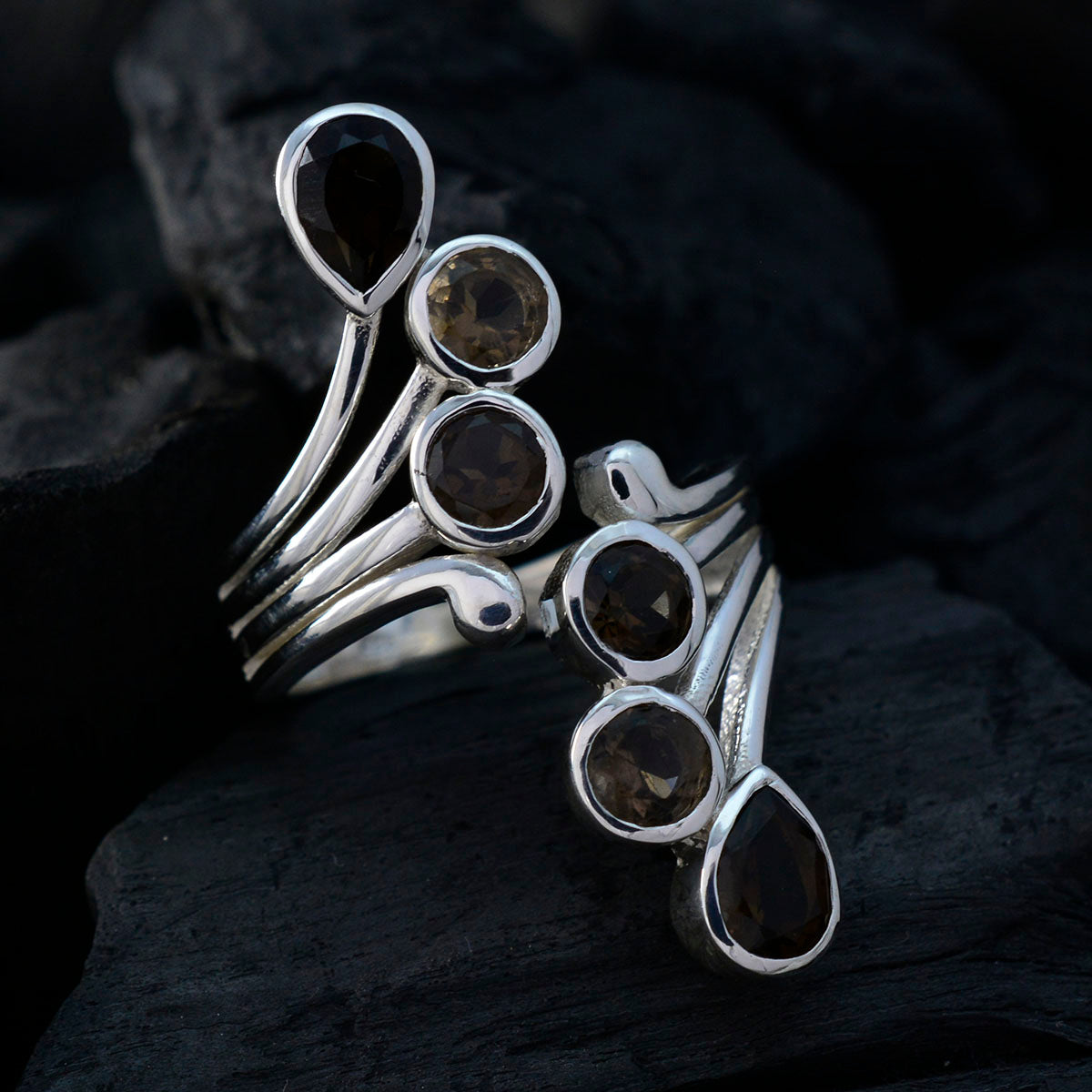 Smoky Quartz Hexa African 925 Silver Brown Gemstone Versatile Abstract Ring Jewellery