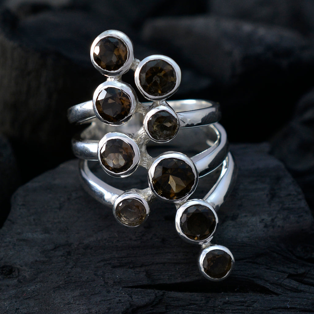 smoky quartz Navratna Spanish 92.5 Silver Brown Gemstones Statement Armor Ring Jewellery