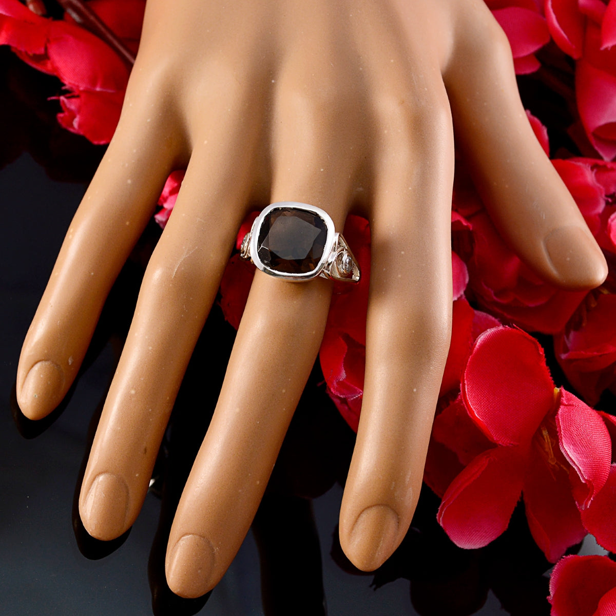 smoky quartz Solitaire French 925 Sterling Silver Brown Gemstones Minimal Luxurious Ring Jewellery