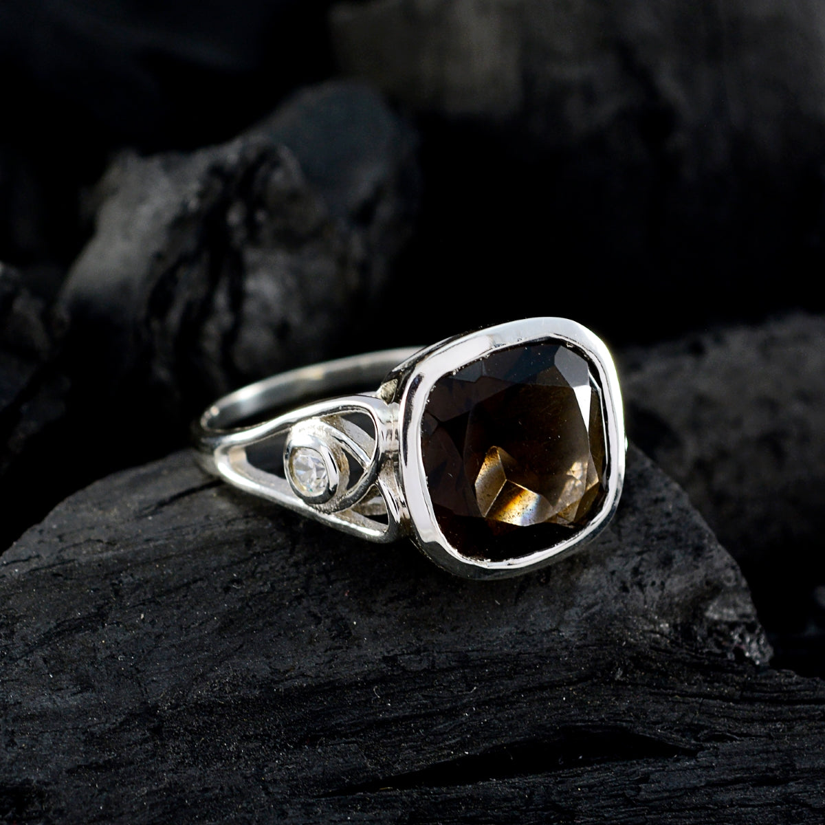 smoky quartz Solitaire French 925 Sterling Silver Brown Gemstones Minimal Luxurious Ring Jewellery
